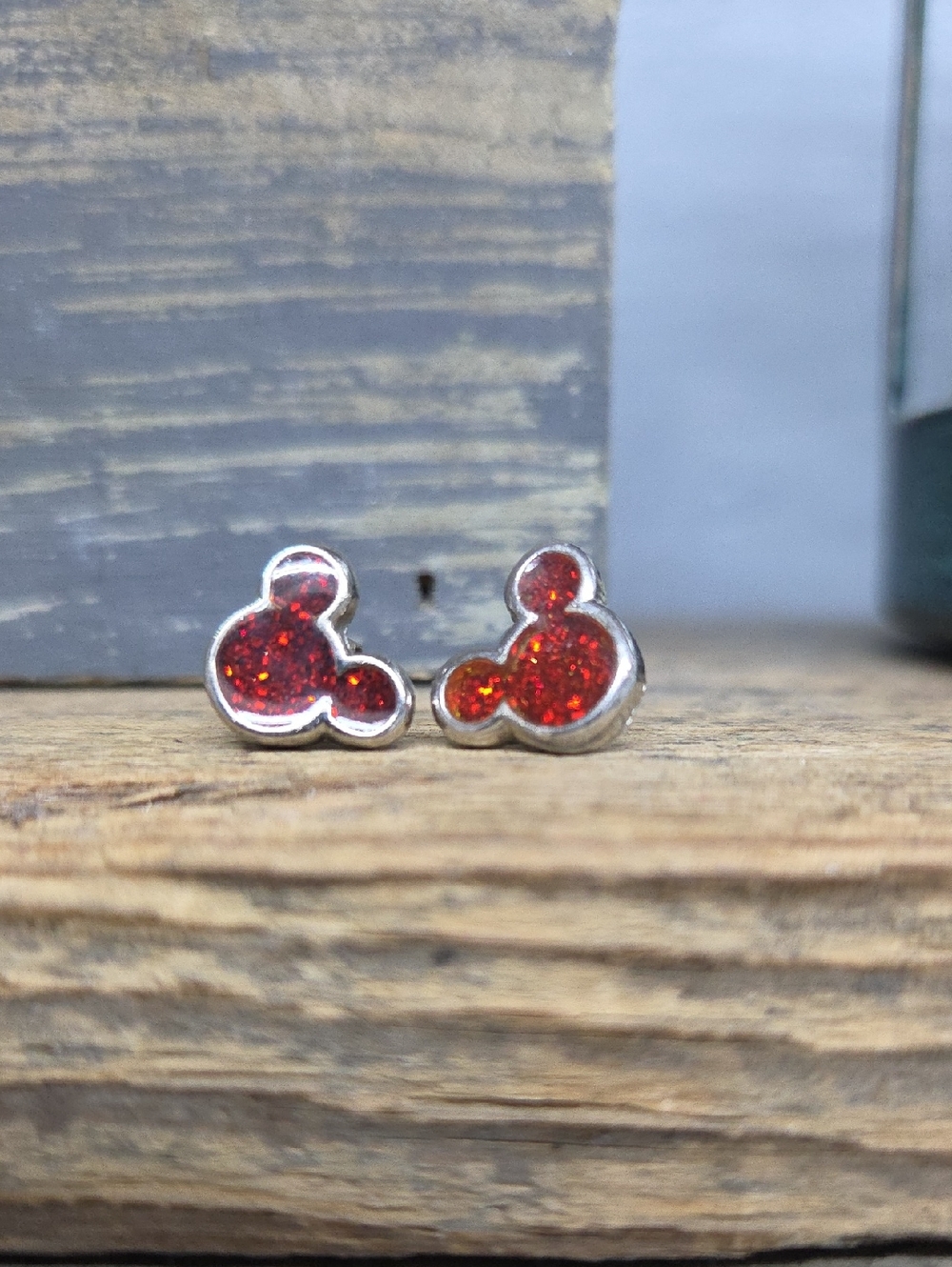 Signed Disney Silver Red Glitter Mickey Mouse Stud Earrings